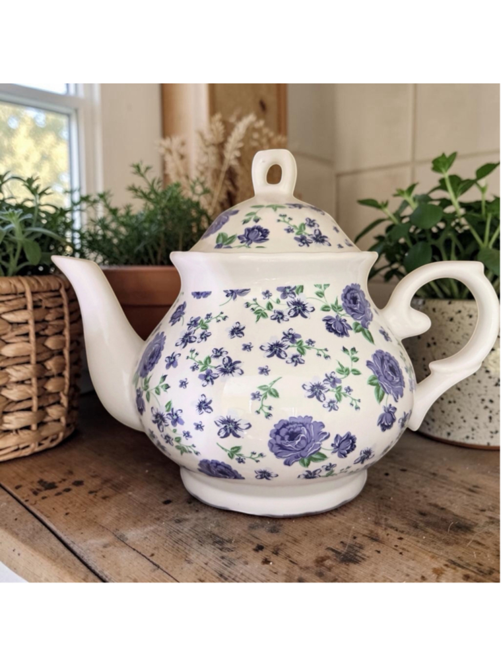 Vintage Blue & White Floral Teapot w Lid Cottagecore Ceramic Roses